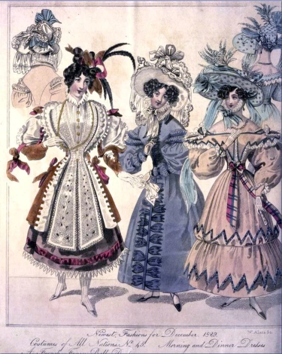 four women in dresses from the early 1800's