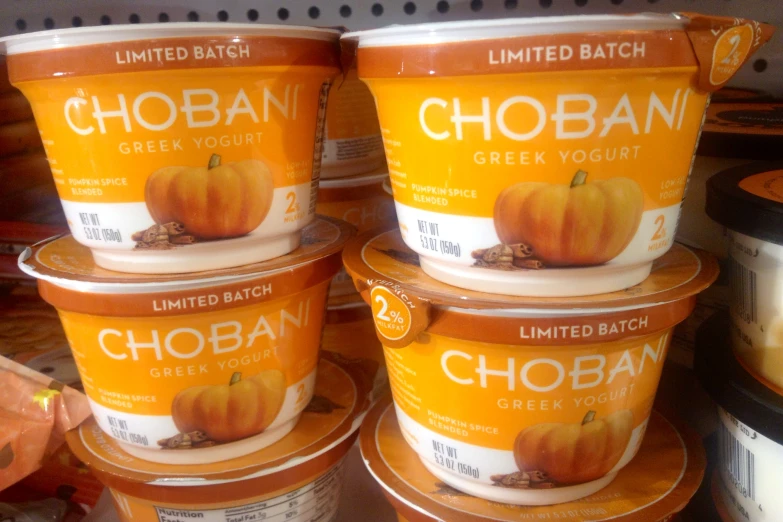 four containers of choban ice cream in a store