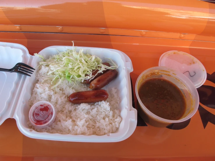 two containers with dogs, rice and sauce in them