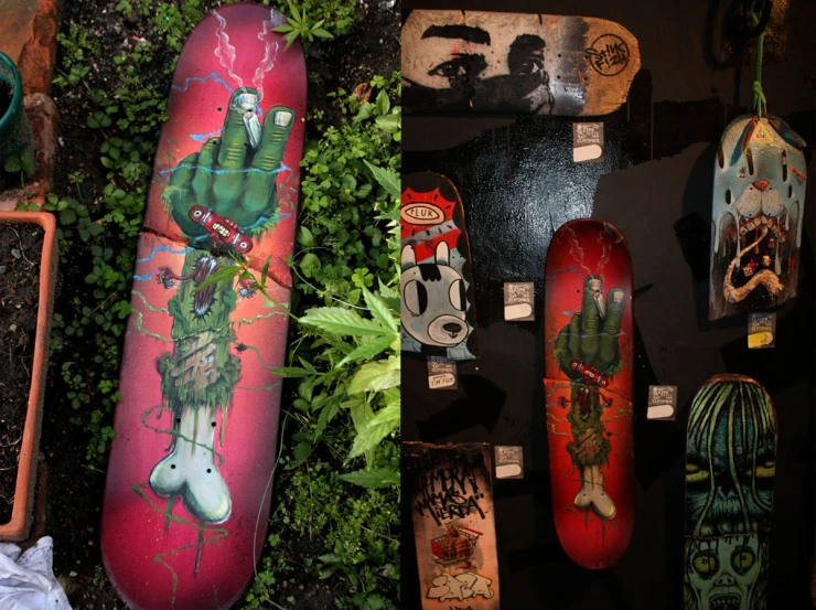 several skate boards are on display with different designs