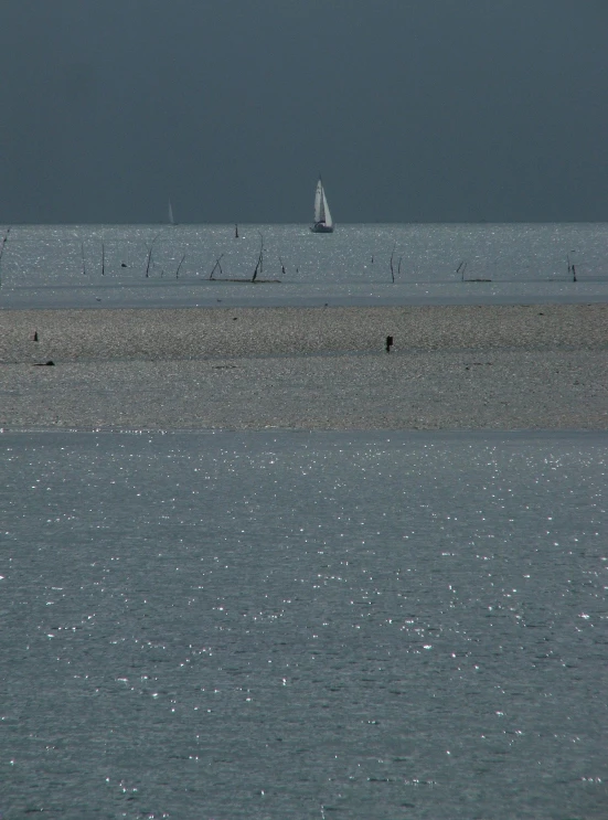 several boats sailing across the ocean on an overcast day