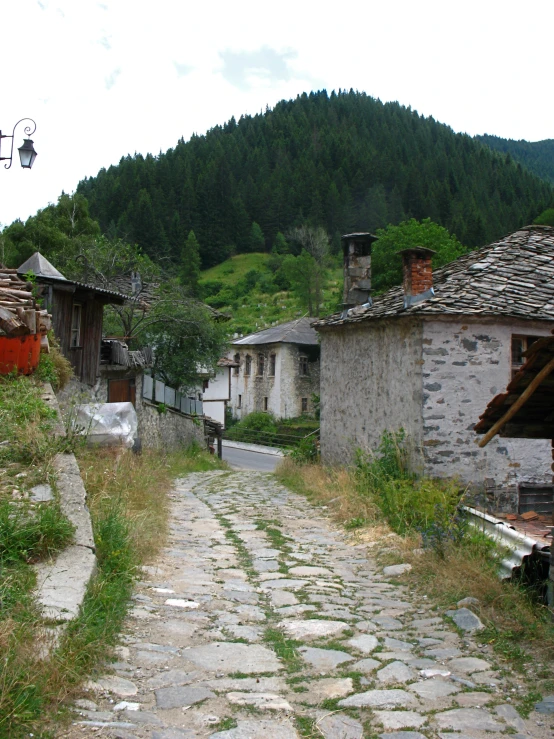 cobblestone pavement between two buildings on a hillside