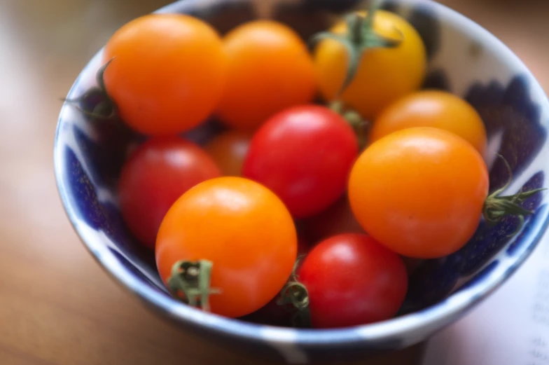 a bunch of ripe red tomatoes sit in a blue bowl