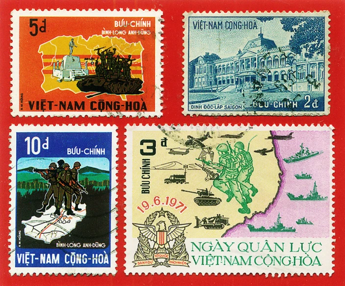 four different stamps depicting the many different country