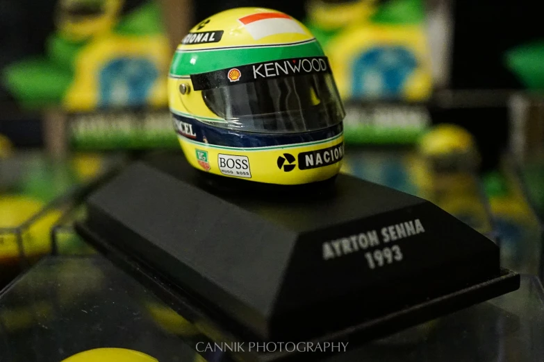 this is a helmet on display for the racers