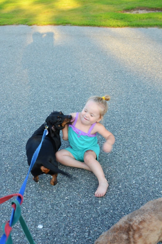 a little girl kneeling down and petting a dog