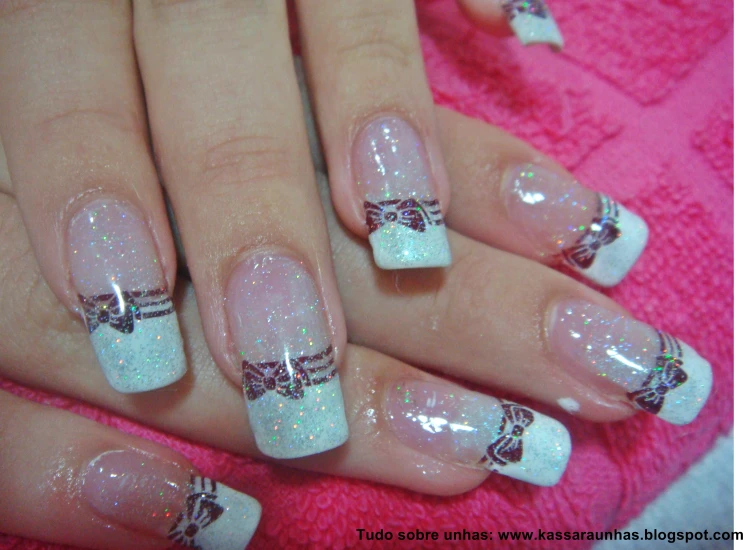beautiful french manicure nail art designs with glitters and bows