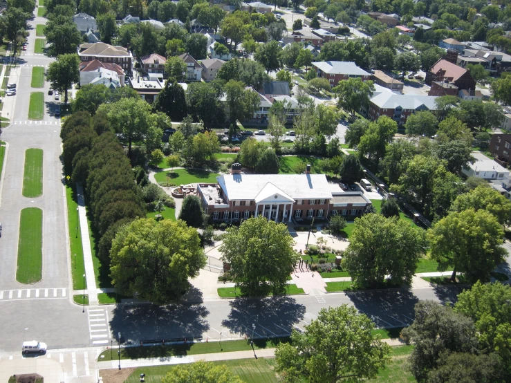 an aerial view of a village with many green trees