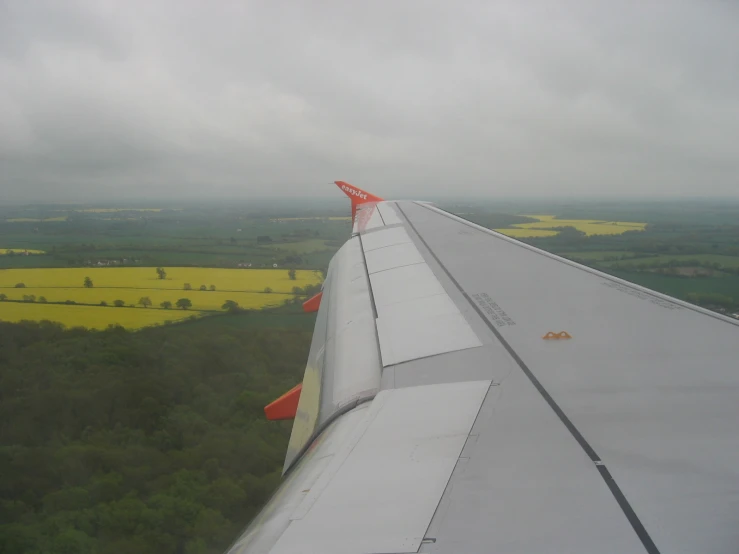 a view of the wing and some trees outside of a plane