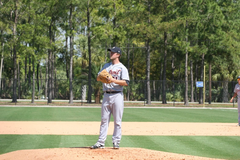 the pitcher is getting ready to pitch the ball