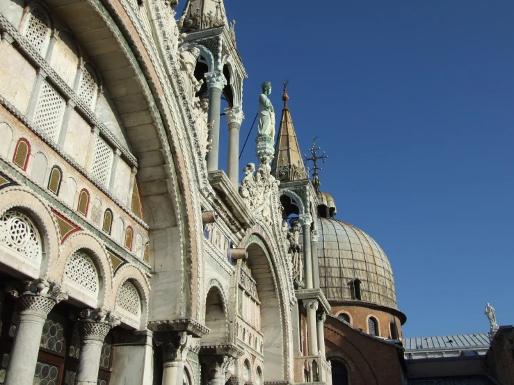 a church with domes has a very nice steeple