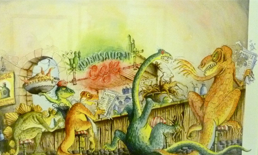 an artist draws up his colorful picture of dinosaurs