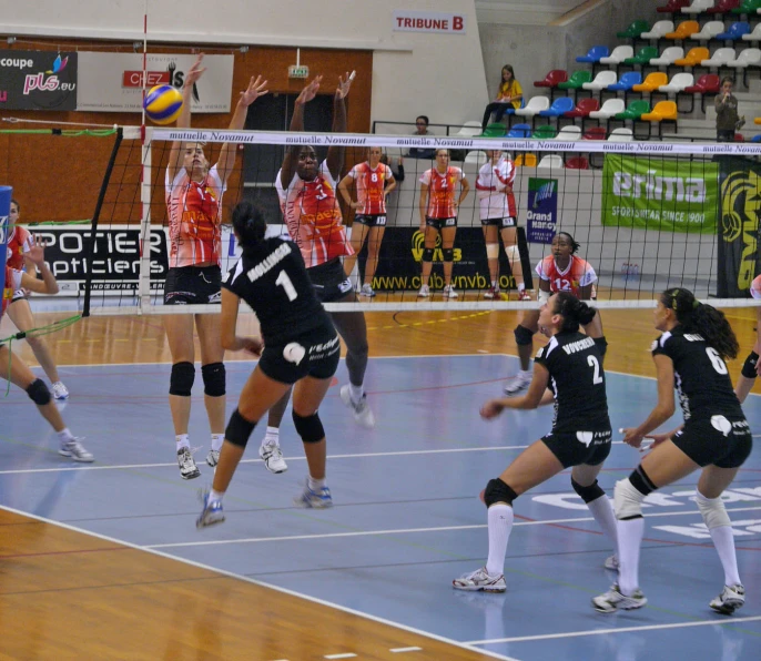 a group of people are playing volleyball while a crowd watches