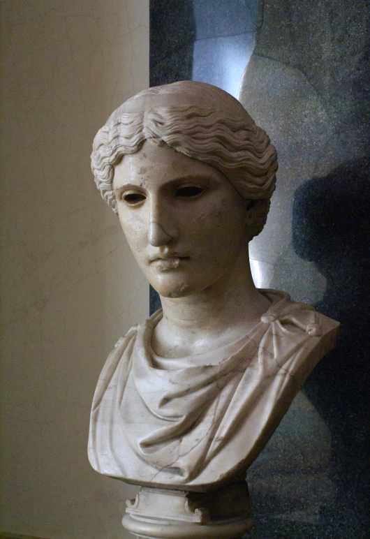 a small marble head busturine is displayed