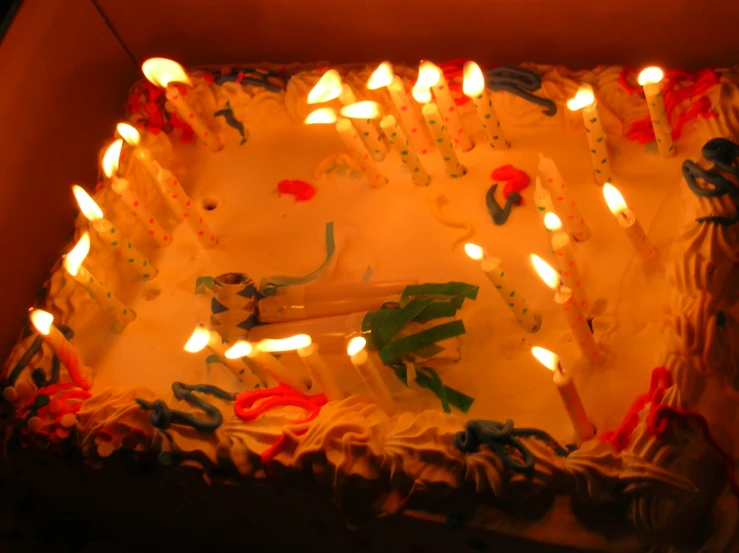 a birthday cake with candles and decorations in a box