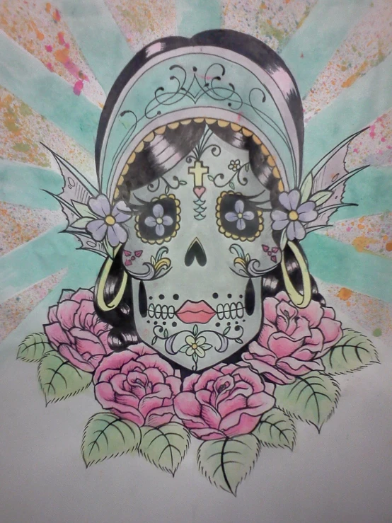 a sugar skull painted on a white background and adorned with flowers