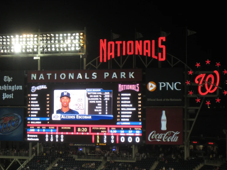 several baseball players stand in front of the scoreboard