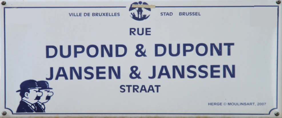 a blue and white sign for the rue dupond and duport jan and janssen straat