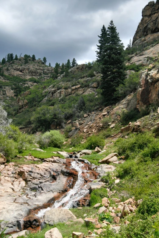 a small stream runs into the stream below the rocky mountains