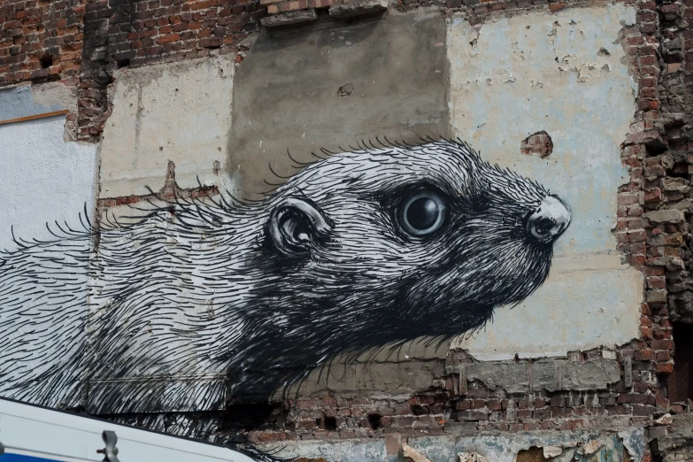 an animal's face is painted on the side of a building