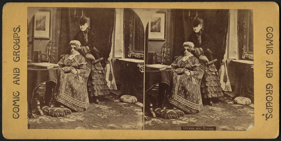 this old time po shows two women dressed in period clothing, standing near one another
