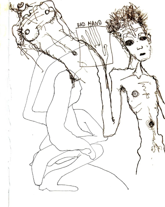 a woman with an alien body and two heads is drawing