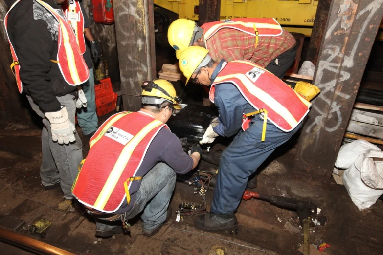 construction workers standing around an old water heater