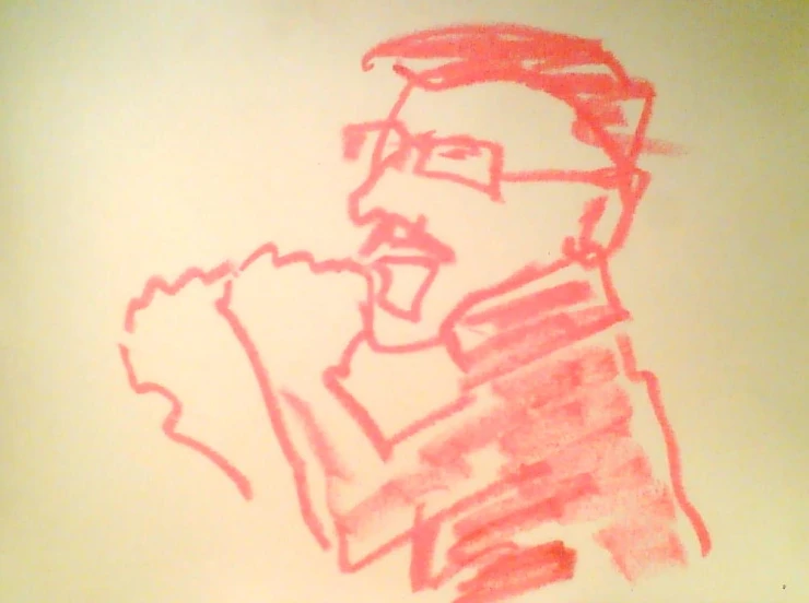 a red sketch of a man in sunglasses standing