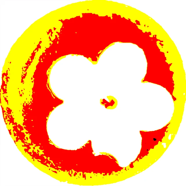 a red flower in a circle with the letter e on it