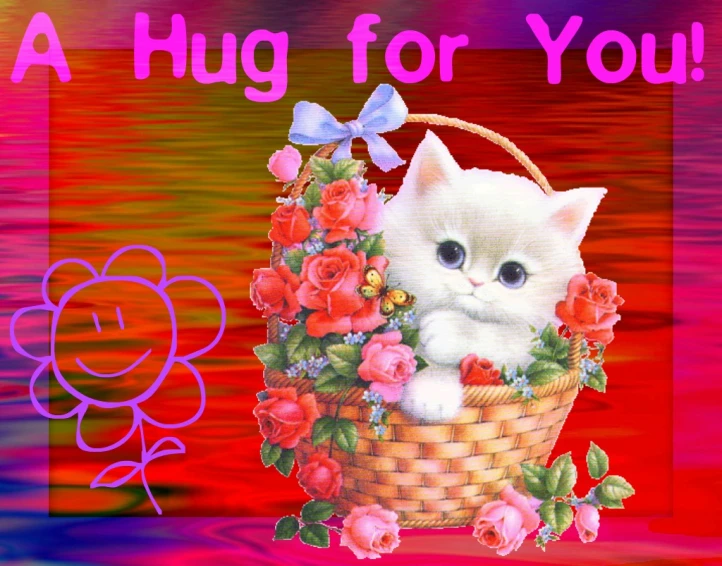 a white kitten with roses in a basket and a bow