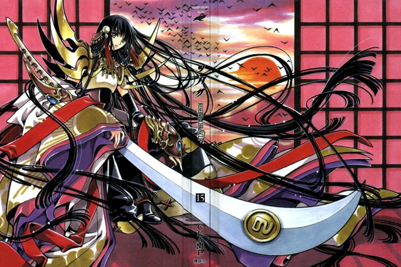 some anime artwork of some sort with long black hair