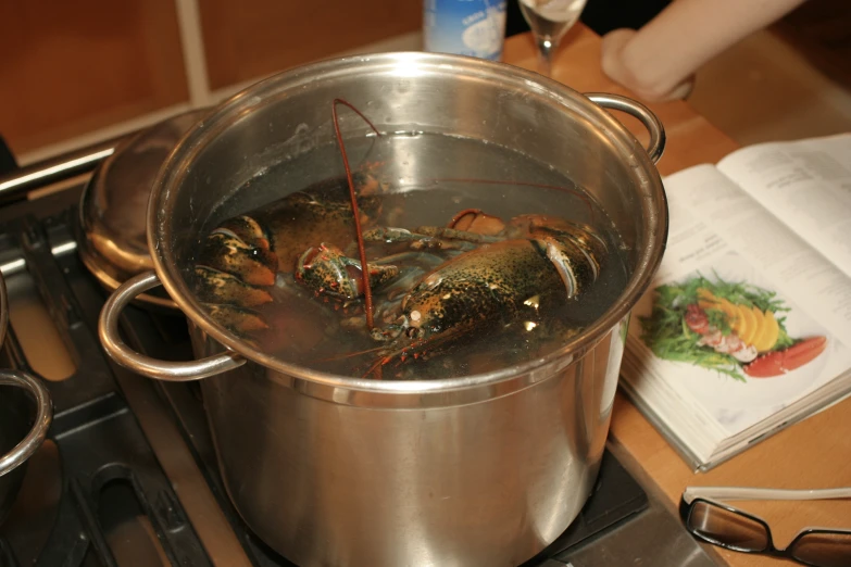 cooked lobsters being cooked in a sauce pan on a stove