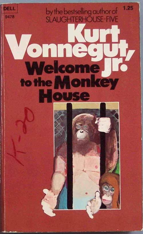 a red book cover with monkey images on it