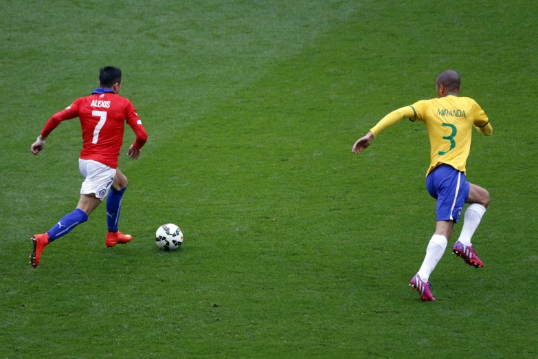 two soccer players going after a soccer ball