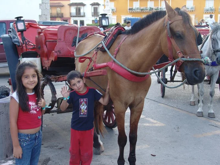 two young children stand beside the horse on a street