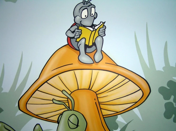 an animated cartoon character reading a book on top of a mushroom