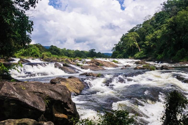 the rapid current river is flowing on its way through rocks