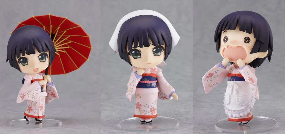a figure with a hand fan is posed