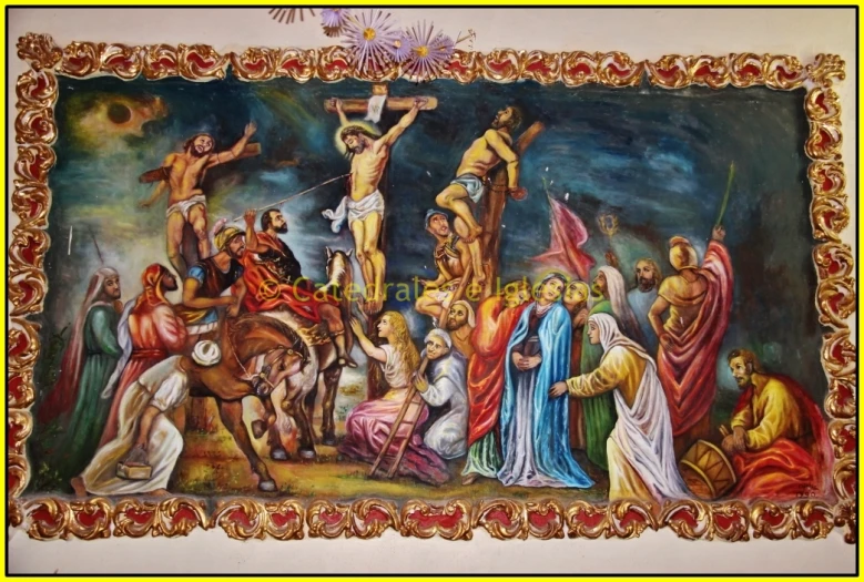 a painting depicting a crucifix scene