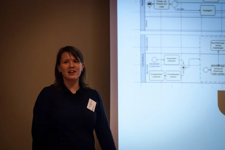 the woman stands near a projection in front of an audience