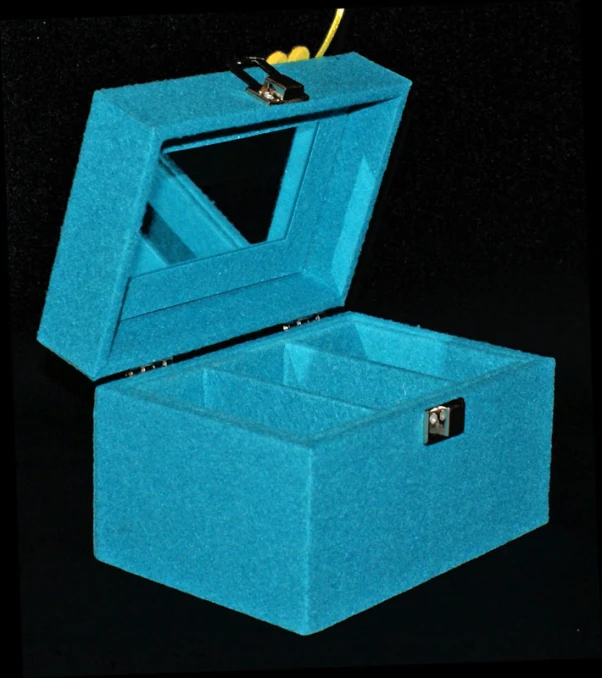 a large blue box with an opening and a lid