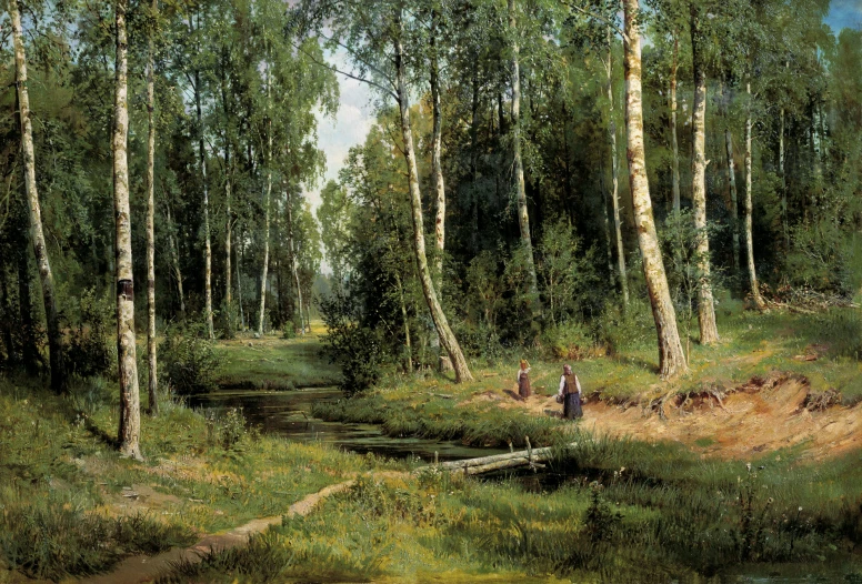 a painting of people walking through a forest by a stream