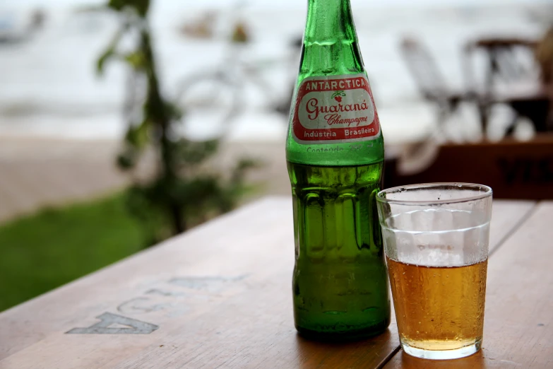 a beer bottle next to an empty beer glass