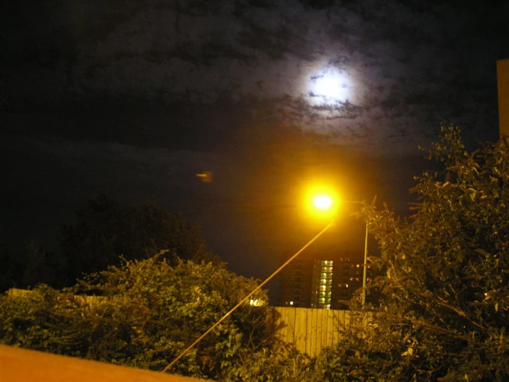 a full moon rises above the city street lights