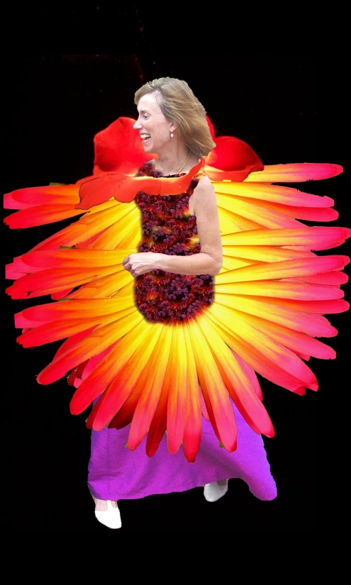 a woman is dressed up like a giant, bright flower