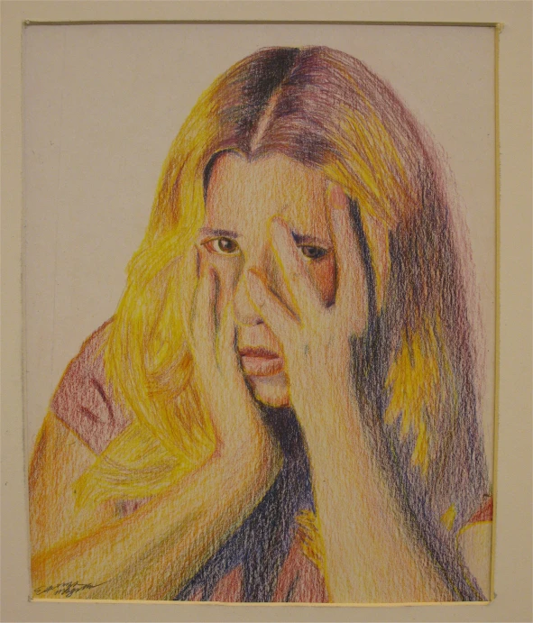 a pastel image of a woman holding her face