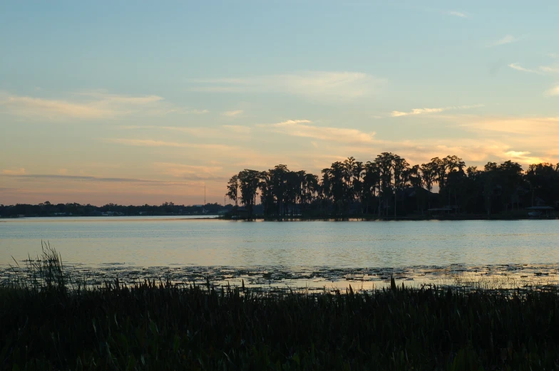 a sunset over the water with trees on the shore