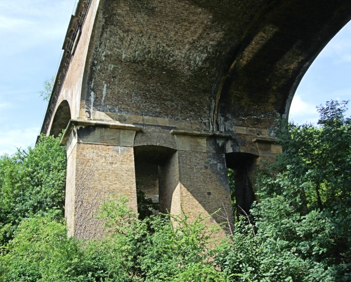 old abandoned train bridge and overgrown forest under it