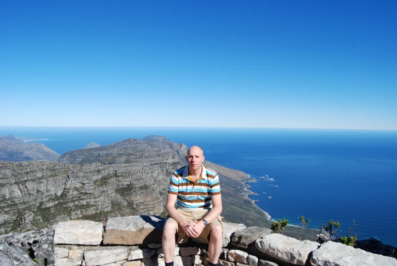 a man sitting on the edge of a cliff above the water