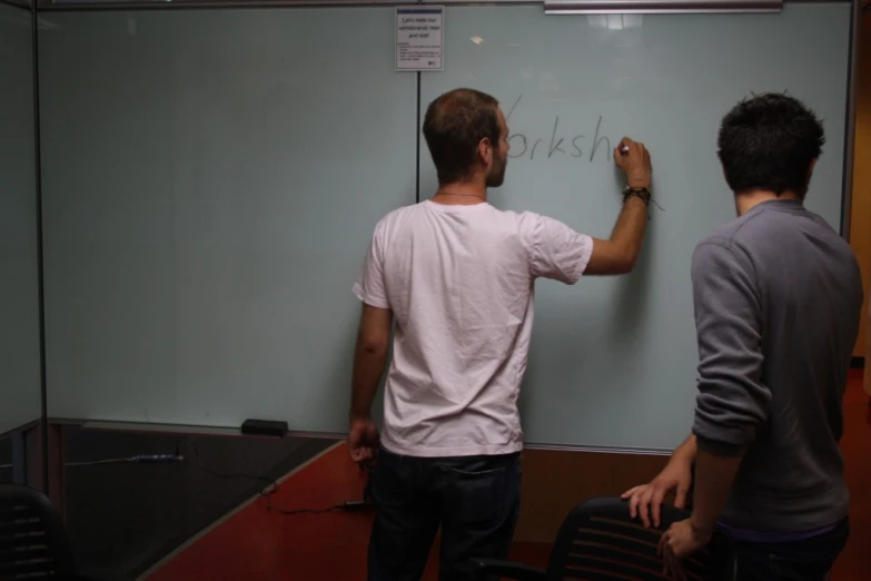 two men standing in front of a chalk board